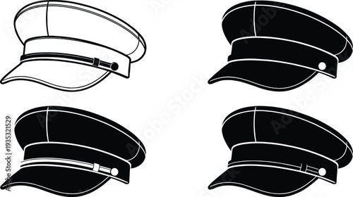 Set of four flat vector illustrations featuring stylized captain hats and naval officer caps in black and white line art and silhouette design styles