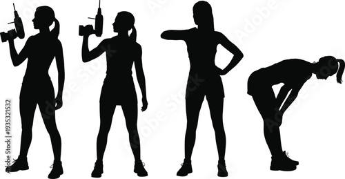 Female Fitness Trainer with Dumbbell Silhouette Set Woman Workout Exercise Poses Strength Training Healthy Lifestyle Sport Vector Illustration