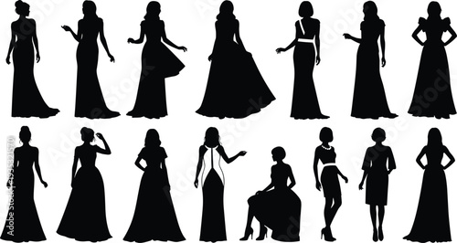 Fashion silhouette illustration featuring fifteen women in elegant poses wearing long gowns and cocktail dresses, showcasing diverse formal apparel styles and design variations
