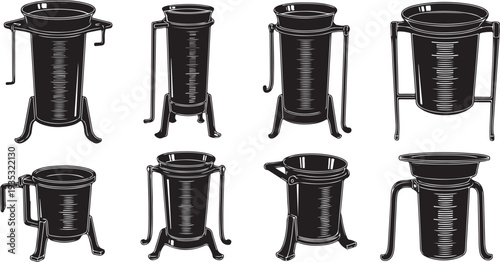 Collection of black metal buckets with handles and stands