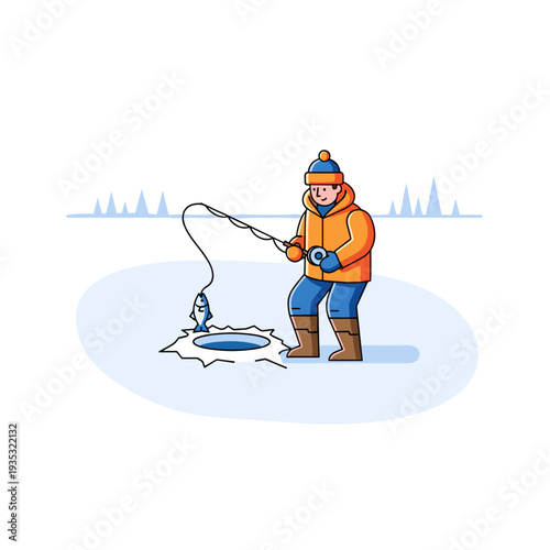 Man ice fishing while standing on frozen lake in winter scenery  