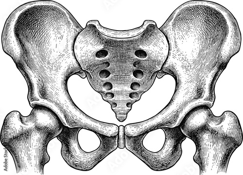 Vintage hand drawn engraving of a human pelvis anatomy showing the sacrum, hip bones, and femur joints for medical education or scientific illustration.