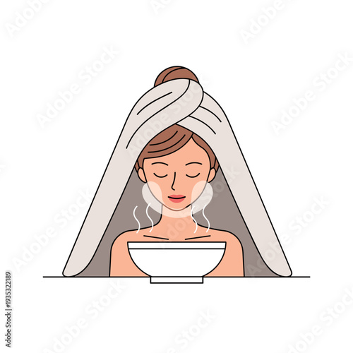 Woman relaxing while steaming her face with a bowl at home  