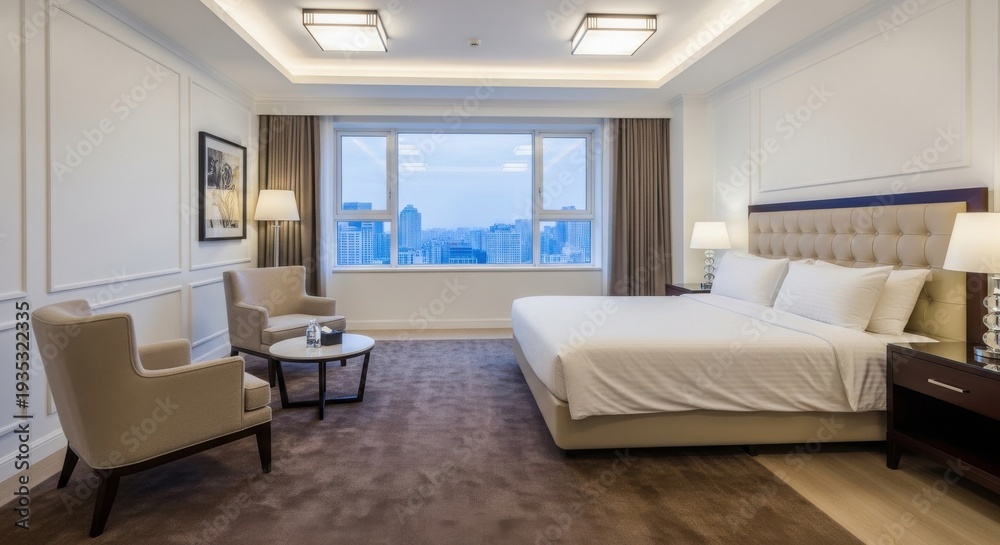 Fototapeta premium Spacious hotel room with city view and modern furniture