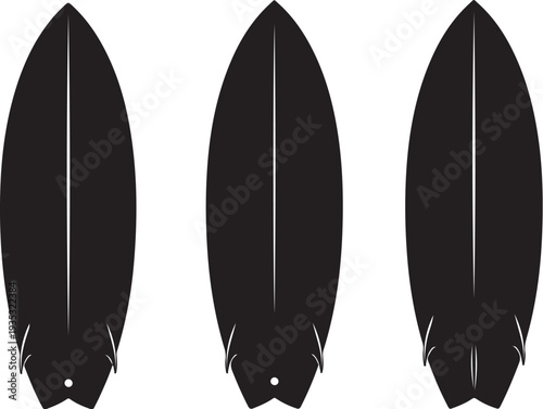 Three black surfboards on a white background illustration