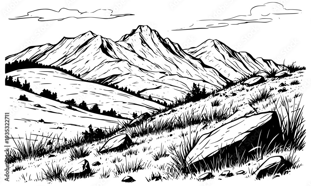 Naklejka premium Mountain range and mountain slope with boulders, black and white sketch. Vector illustration. Dry bushes of grass and the sky with clouds, the steppe landscape is isolated on a white background.