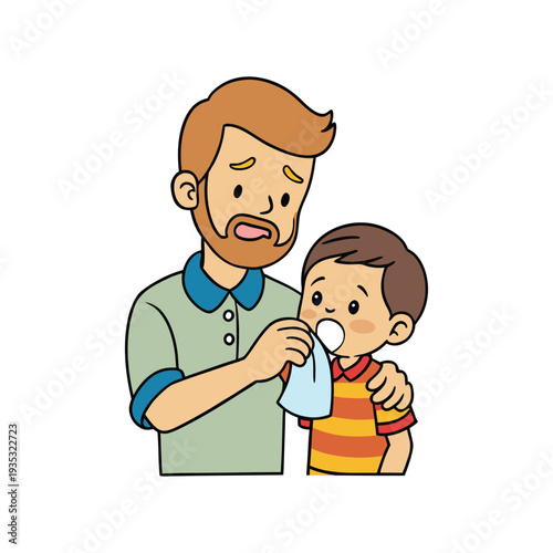 Father caring for sick son, comforting touch on Father's Day