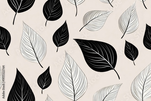 Minimal black and white leaves seamless pattern background