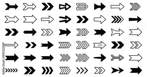 Right-pointing black arrow vector, assorted arrow shapes and styles in clean modern design