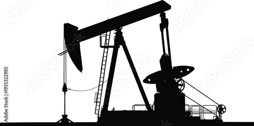 Black and white vector silhouette of an oil pump jack industrial machinery for petroleum extraction and energy production isolated on a white background