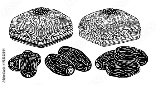 Ancient intricately carved stone artifacts and cylindrical stone tools from a historical collection Vector, illustration
