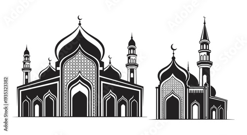 Intricate architectural illustration of two grand mosques with domes and minarets Vector, illustration