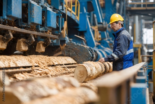Worker operating wood processing machine in lumber mill