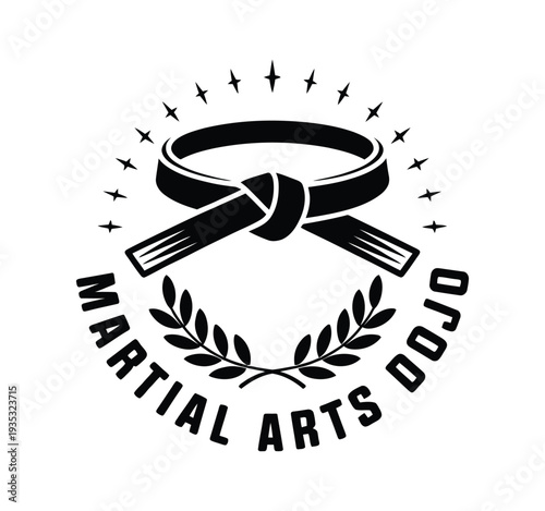 Tableau sur toile Martial arts dojo logo, bold athletic crest with black belt centerpiece, star accents, and victory laurel wreath for martial arts school, training, and promotional identity