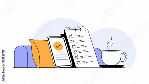 Everyday calm balance between household tasks and personal rest during a normal day at home, a simple to do list paired with a soft pause icon symbolizing See Less