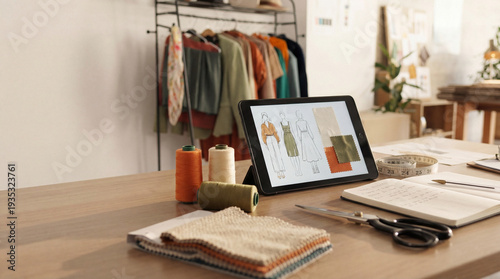 Tableau sur toile Fashion designer's workspace with fabric swatches, sketches on a tablet, threads, and sewing tools in a bright studio