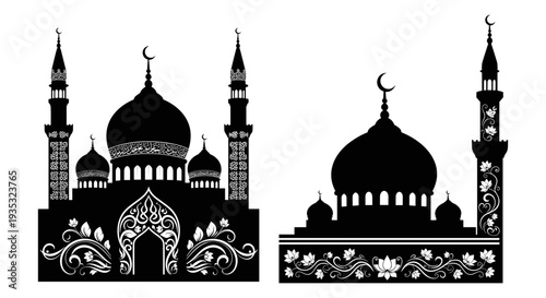 Architectural silhouettes of two grand mosques with distinct domes and minarets Vector, illustration