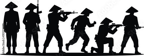 Black and white vector silhouette of guerrilla soldiers in conical hats carrying assault rifles in various combat poses for military history and war concept