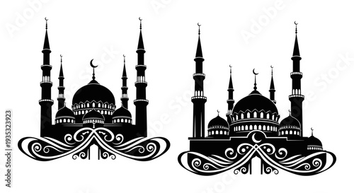 Detailed silhouette illustration of two iconic mosques with crescent moons and minarets Vector, illustration