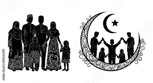 Family unity and cultural celebration under a crescent moon Vector, illustration