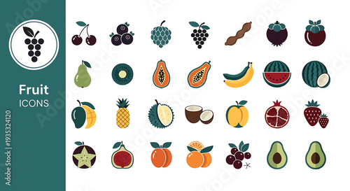 Collection of colorful fruit icons on white background for design use