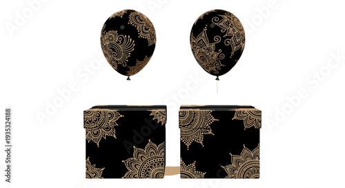 Elegant black and gold gift set with decorative balloons and gift boxes for special occasions Vector, illustration