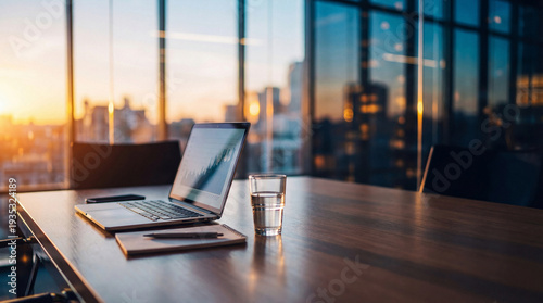 Canvas Print Laptop with financial charts open on a wooden table during sunset in a modern office boardroom