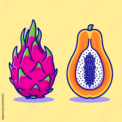 Cartoon dragon fruit and cut papaya on yellow background