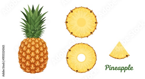 Pineapple fruit and slices isolated on white background