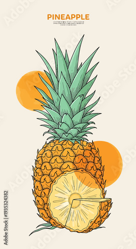 Pineapple fruit with green leaves and sliced piece on beige background