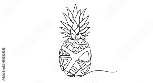 Pineapple with a face drawn on it in black lines on white background