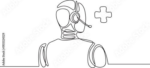 Continuous line drawing of customer service agent with headset and medical cross symbol