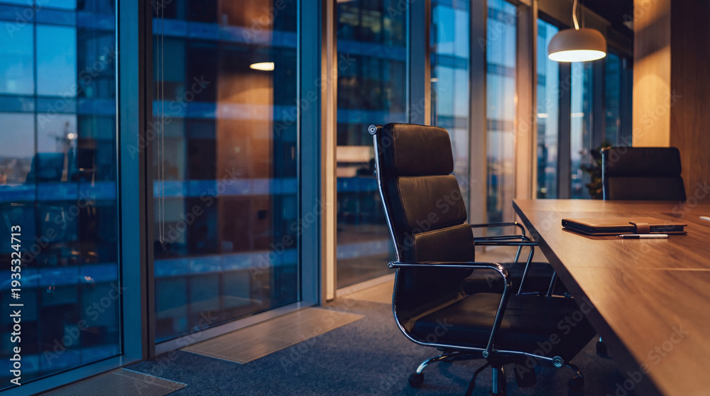 Obraz premium Modern office meeting room with executive chair and large windows overlooking city skyline at dusk.