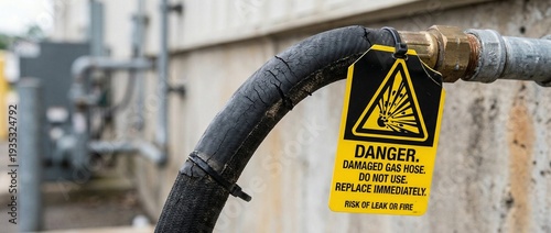 Cracked Flexible Gas Hose with Surface Wear Danger Sign