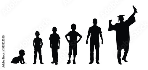 Man life cycle from baby to graduation black silhouettes set flat vector illustration.