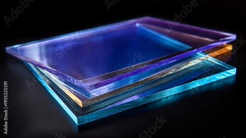 Stack of four transparent, rectangular panes with blue and purple hues on a dark surface