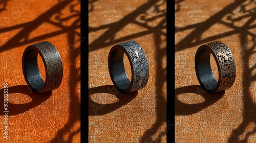 Three textured rings on an orange surface, with shadows from a decorative ironwork
