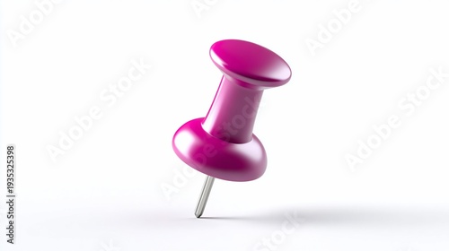 Glossy magenta pushpin on white surface, cast shadow, isolated