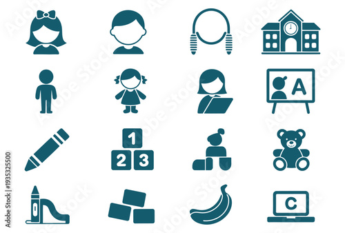 Education and children’s activities icons vector, colorful symbols representing school, toys, learning tools