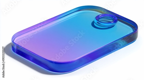 Modern abstract glass object with vibrant blue and purple gradient and a circular ring