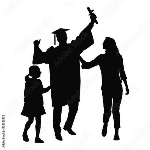 Silhouette portrait of man husband graduate in cap and gown celebrating graduation with his wife and little daughter silhouettes isolated on white background.