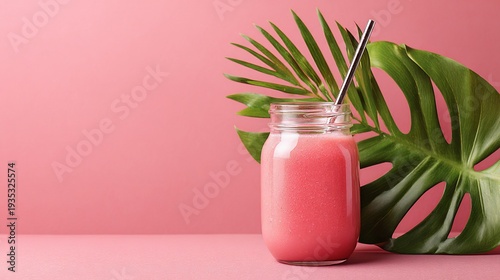 Pink smoothie in glass jar with metal straw, palm and monstera leaves against a pink wall