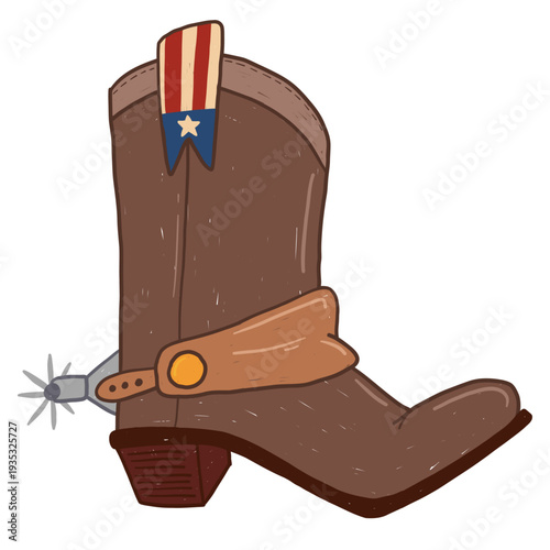 Western cowboy boot with spur and leather strap buckle in childlike hand drawn vintage style