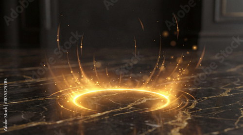 Photography Magical golden energy portal with glowing particles and swirling light effects erupting from a dark, polished marble surface, symbolizing fantasy and creation
