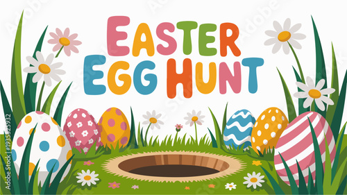 Vibrant easter egg hunt graphic with colorful eggs and flowers in a green field
