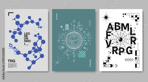 Three posters with molecular, circuit board and typographic designs on white background