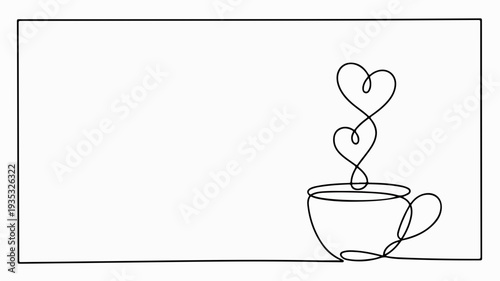 Minimalist line drawing of a coffee cup with heart shaped steam on white background symbolizing love and warmth in a simple yet elegant design
