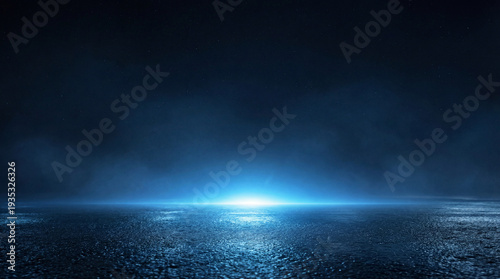 Fotografie Mysterious dark asphalt surface illuminated by a bright, ethereal blue light emanating from the horizon, with a smoky haze and starry night sky