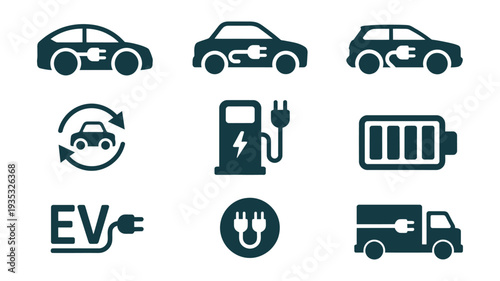 Electric vehicle and charging station icons, clean flat-style vector illustrations