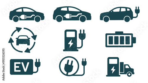 Electric vehicle and charging station icons, clean flat-style vector illustrations